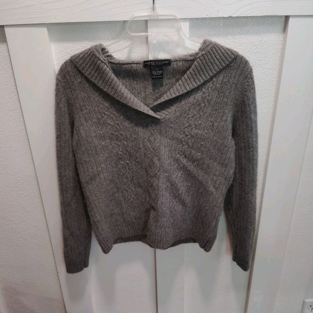 Elena Solano 100% Cashmere Gray Solid Hooded Knit Long Sleeve Pullover L